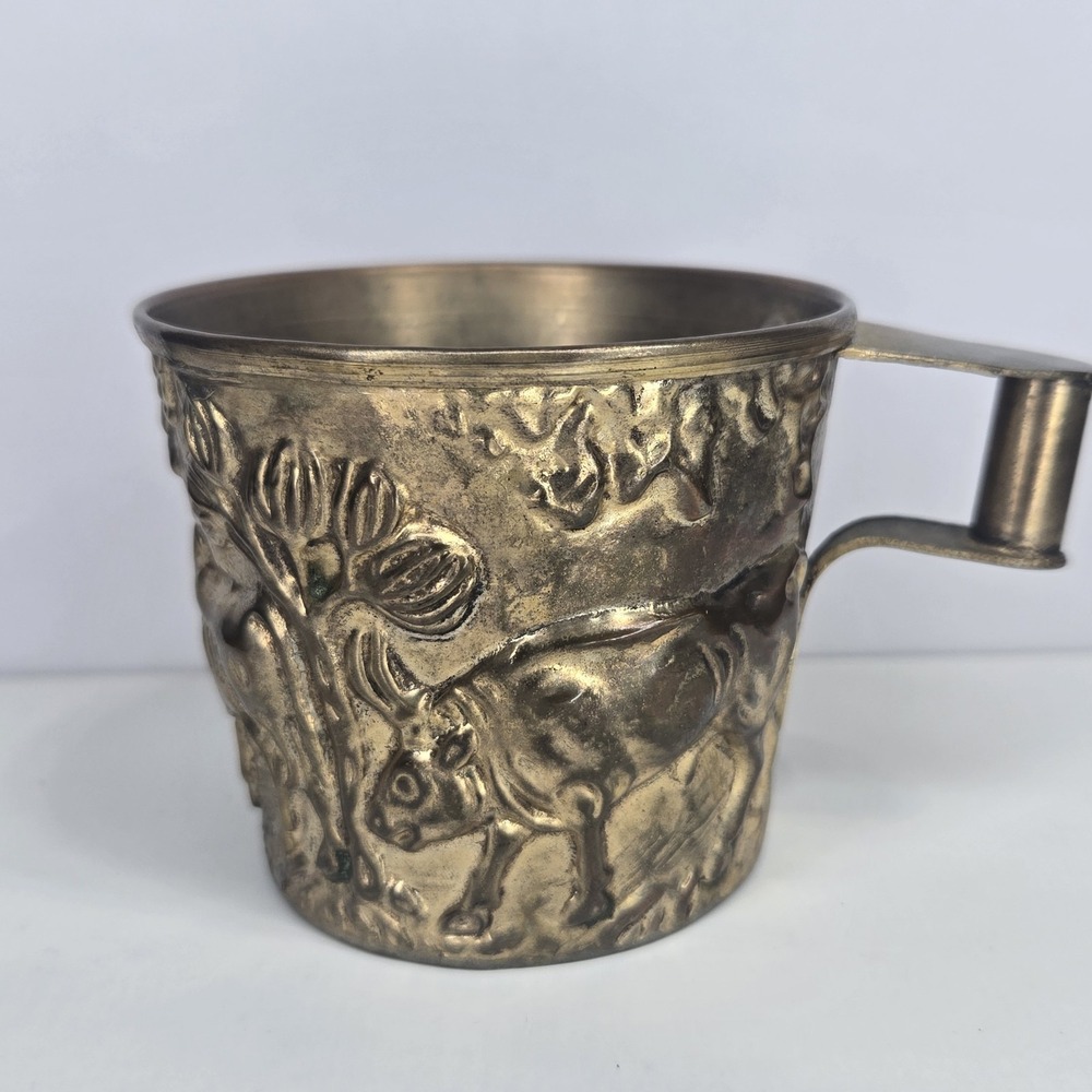 Vintage Replica Ancient Greek Vapheio Cup Brass Gold Hand Made Bull Cup Mug
